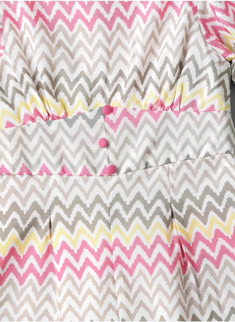 Girls Chevron Print Puff Sleeve Jumpsuit
