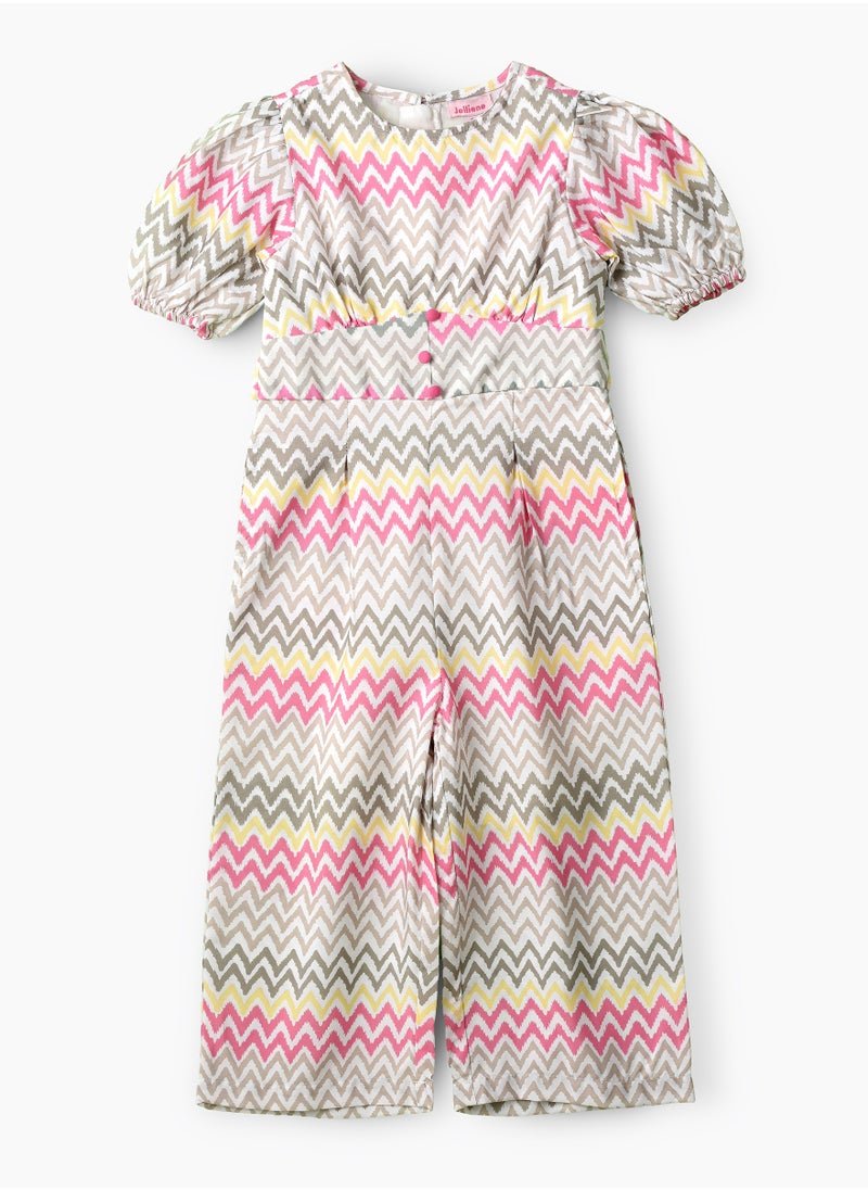 Girls Chevron Print Puff Sleeve Jumpsuit
