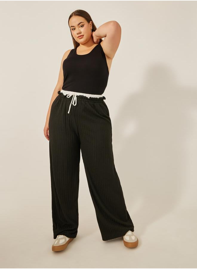 Plus Size Striped High Rise Wide Leg Pants with Drawstring