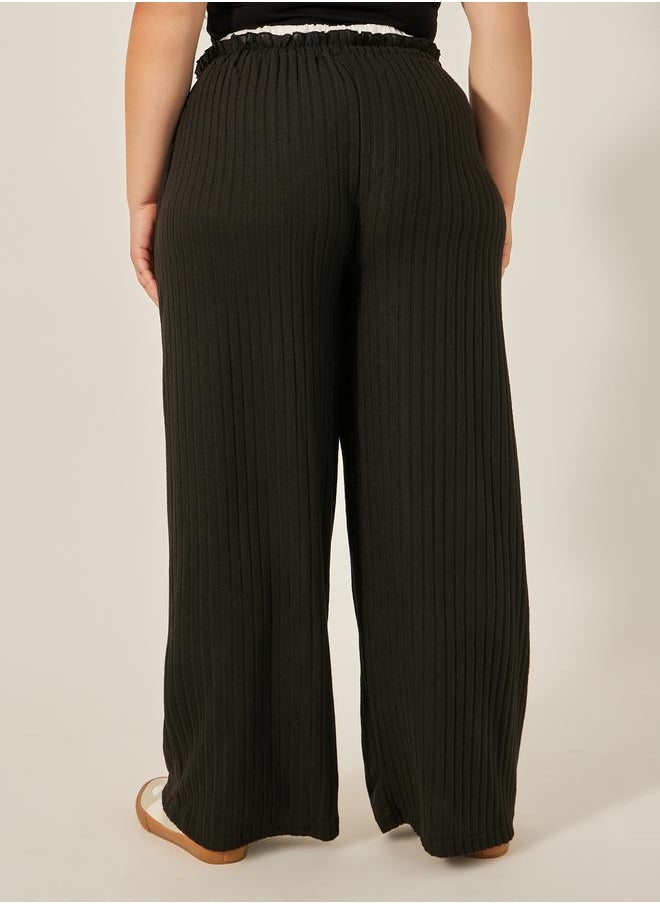 Plus Size Striped High Rise Wide Leg Pants with Drawstring