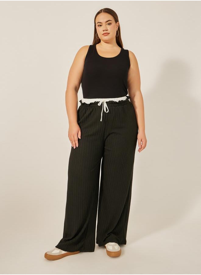 Plus Size Striped High Rise Wide Leg Pants with Drawstring