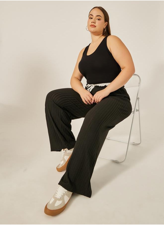 Plus Size Striped High Rise Wide Leg Pants with Drawstring