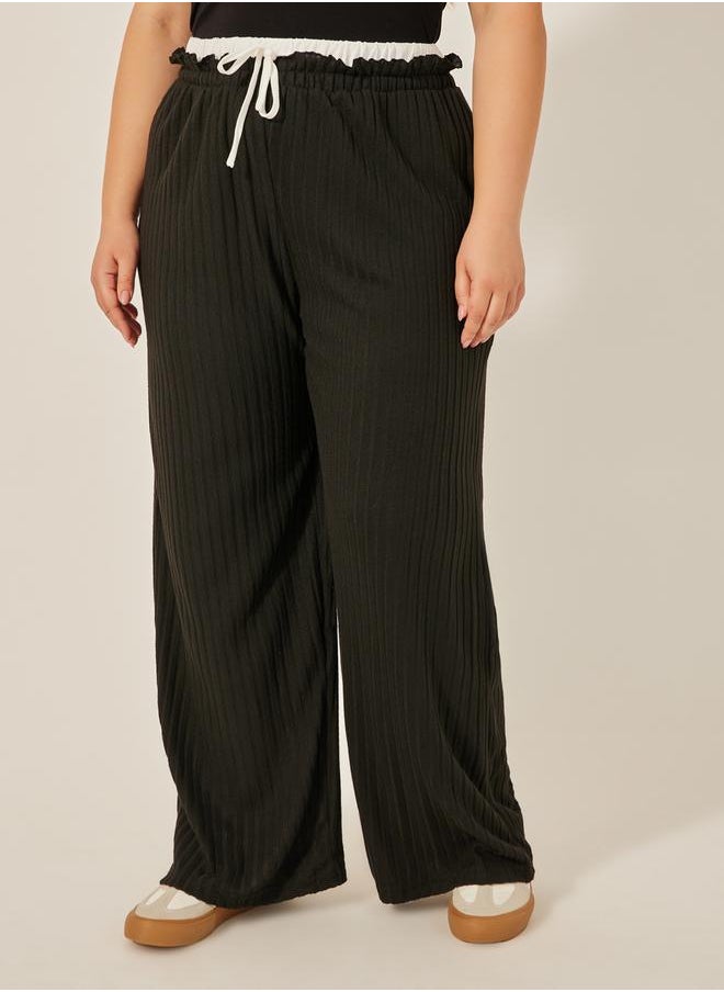 Plus Size Striped High Rise Wide Leg Pants with Drawstring