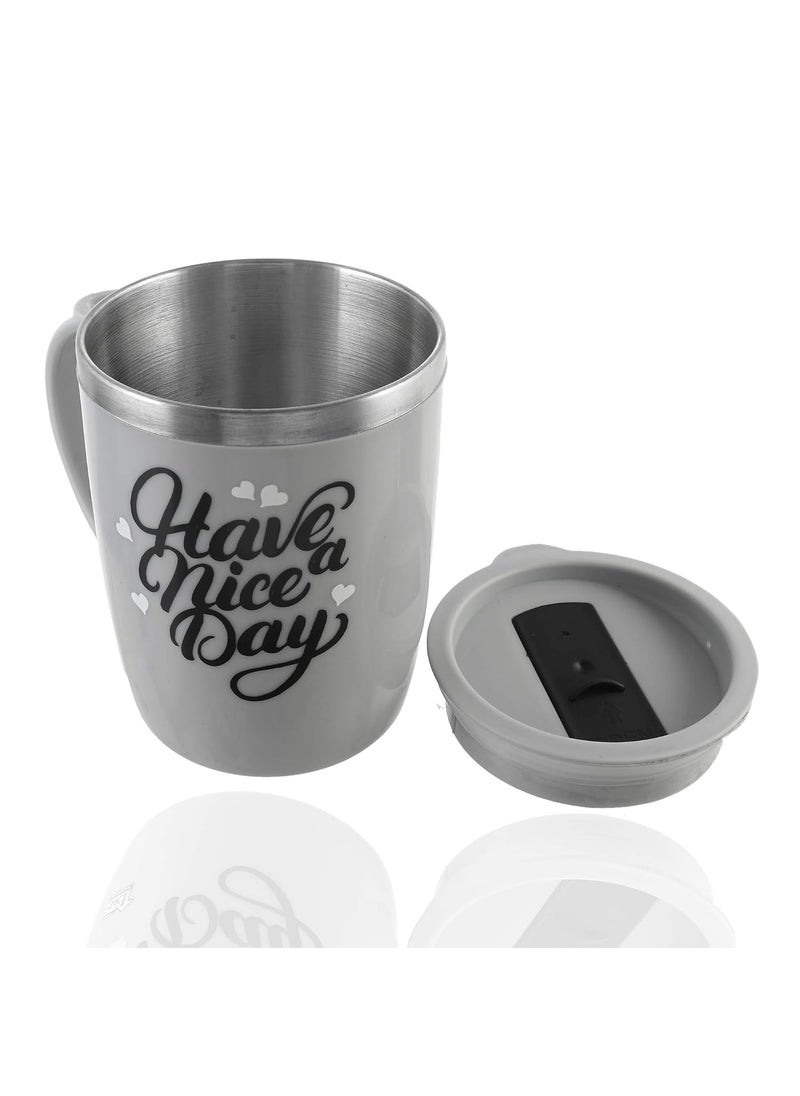 Kuber Industries Have A Nice Day Unicorn Tea Coffee Time Unbreakable hot Insulated Double Wall Plastic Stainless Steel Tea,Coffee /Milk Mug with Sipper lid for Kids and Adults (Grey)