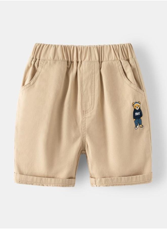 Beige Regular Fit Mid Rise Applique Shorts
