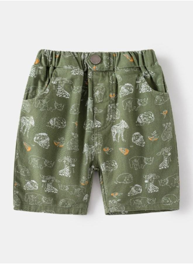 Olive Regular Fit Mid Rise Printed Shorts