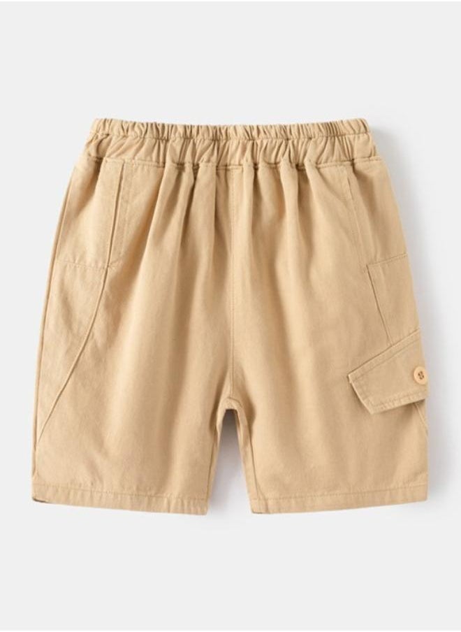 Beige Regular Fit Mid Rise Solid Shorts
