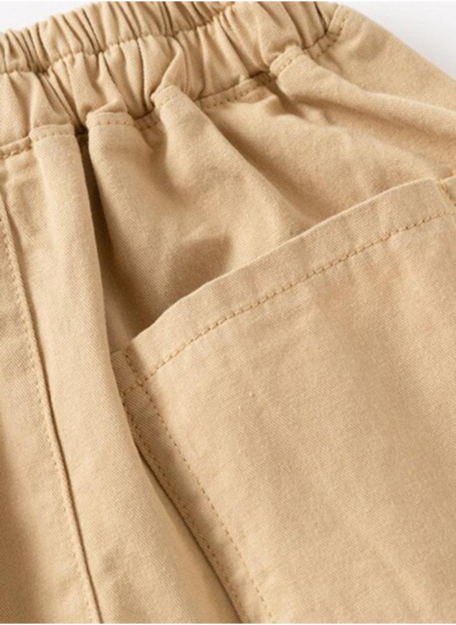Beige Regular Fit Mid Rise Solid Shorts