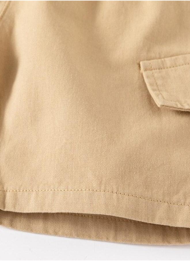 Beige Regular Fit Mid Rise Solid Shorts