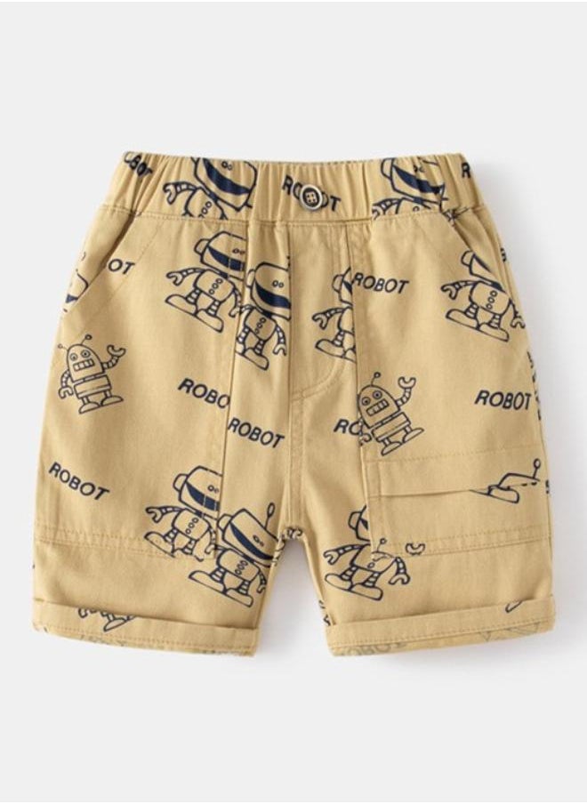 Beige Regular Fit Mid Rise Printed Shorts