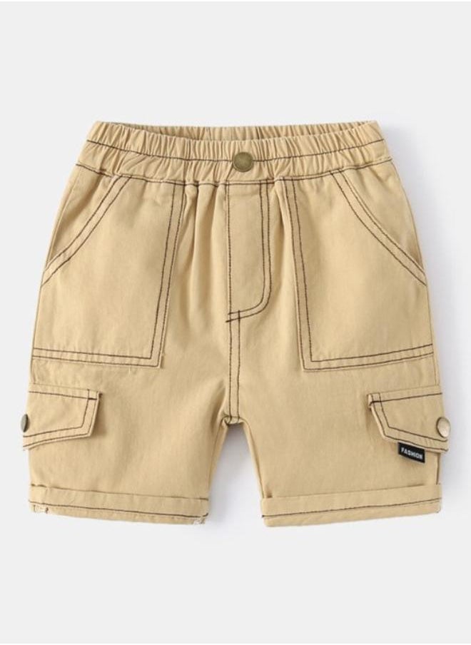 Beige Regular Fit Mid Rise Solid Shorts