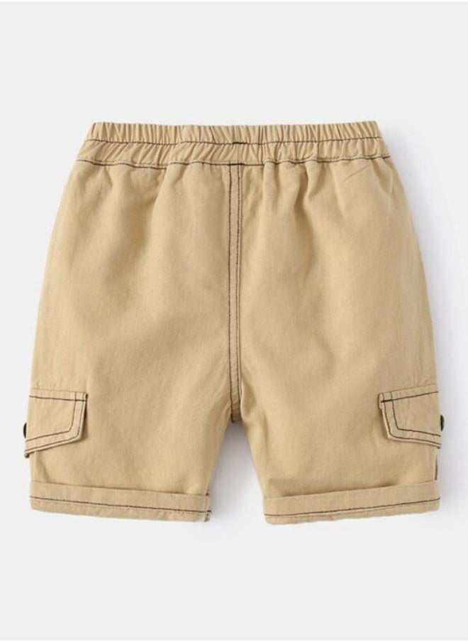 Beige Regular Fit Mid Rise Solid Shorts