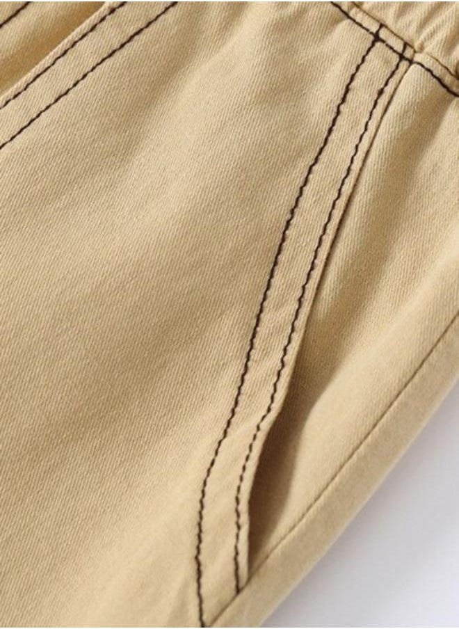 Beige Regular Fit Mid Rise Solid Shorts