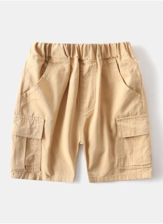 Beige Regular Fit Mid Rise Solid Shorts