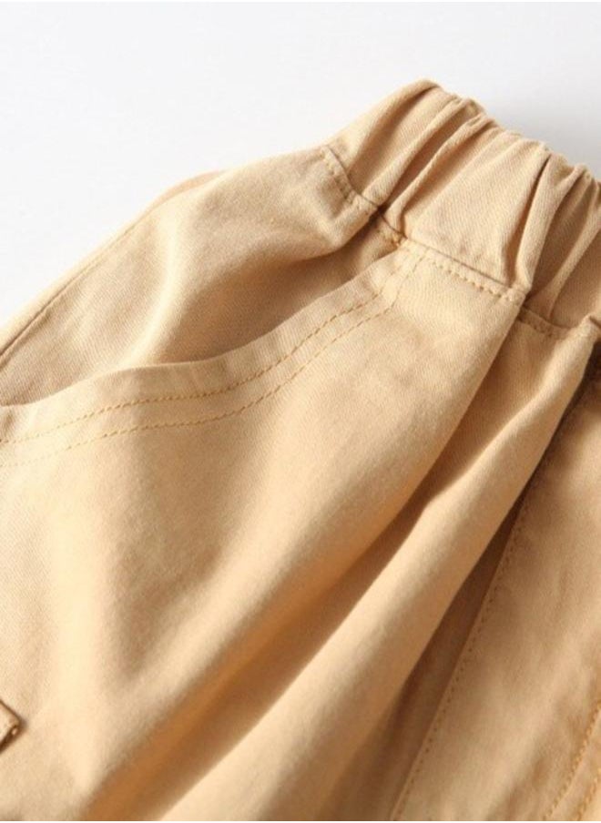 Beige Regular Fit Mid Rise Solid Shorts