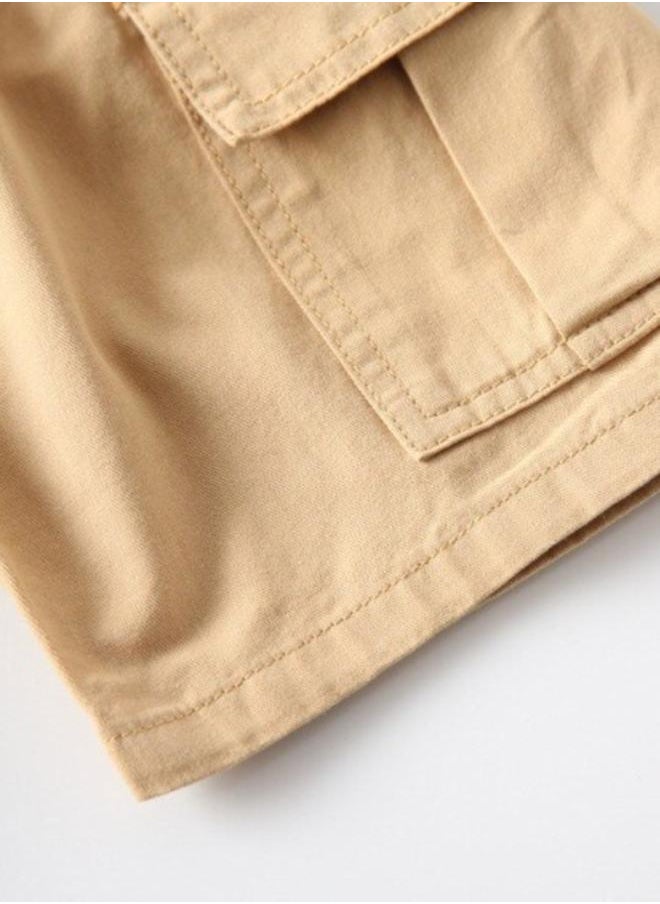 Beige Regular Fit Mid Rise Solid Shorts