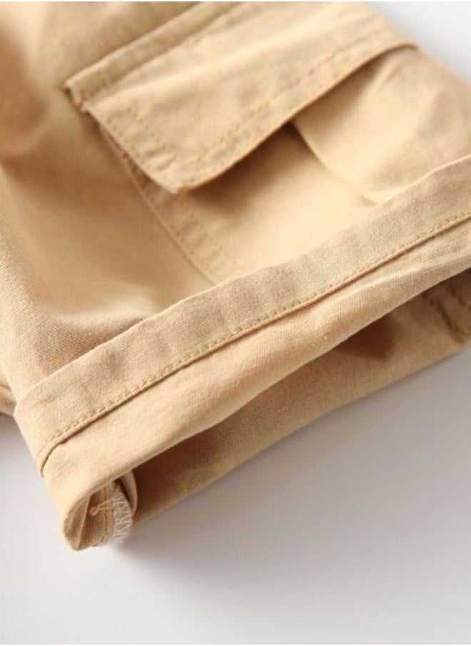 Beige Regular Fit Mid Rise Solid Shorts