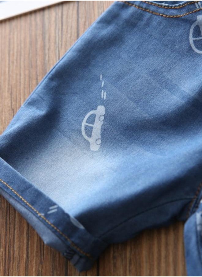 Blue Regular Fit Mid Rise Printed Denim Shorts
