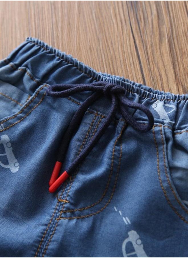 Blue Regular Fit Mid Rise Printed Denim Shorts
