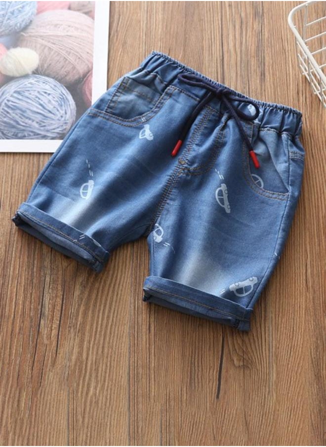Blue Regular Fit Mid Rise Printed Denim Shorts