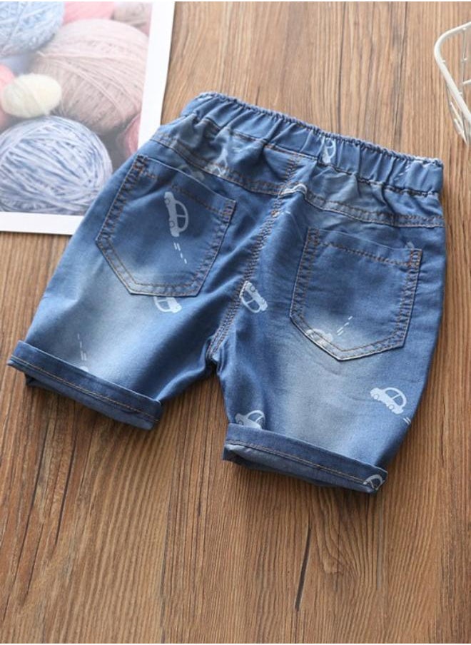 Blue Regular Fit Mid Rise Printed Denim Shorts