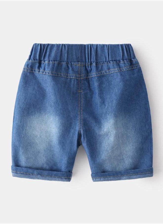 Blue Regular Fit Mid Rise Solid Denim Shorts