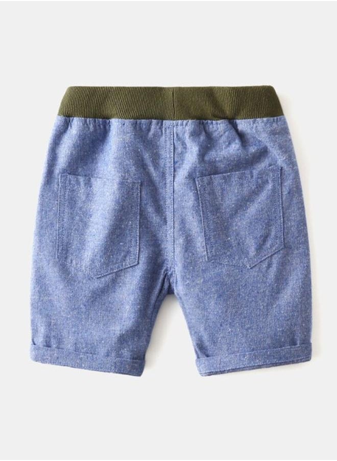 Blue Regular Fit Mid Rise Printed Denim Shorts