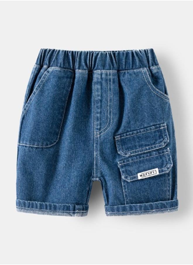Blue Regular Fit Mid Rise Solid Denim Shorts