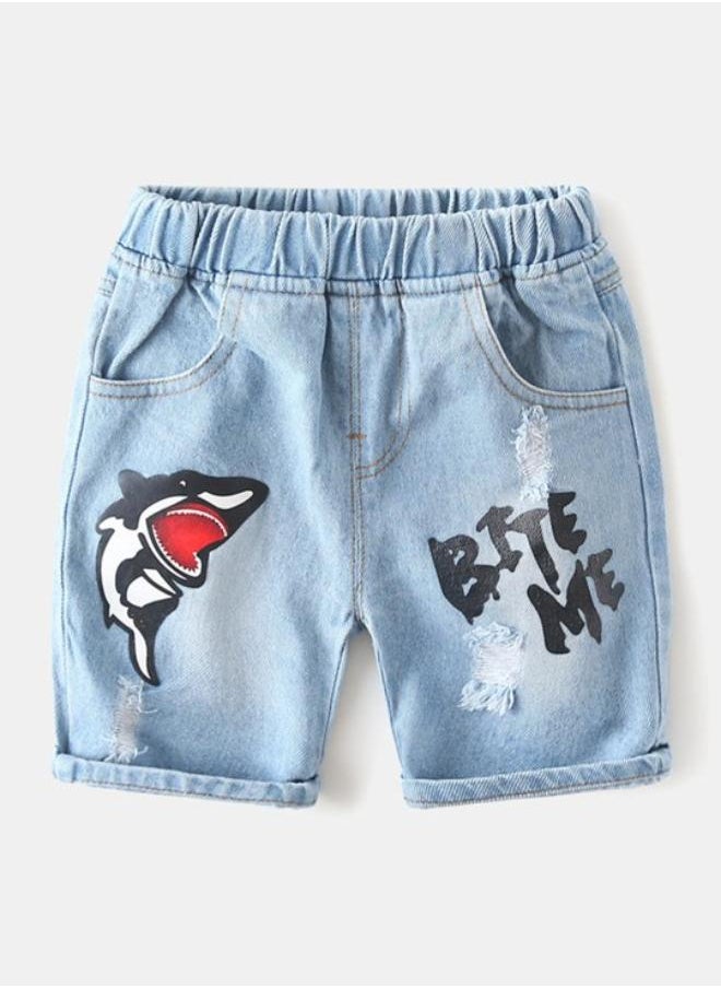 Blue Regular Fit Mid Rise Printed Denim Shorts