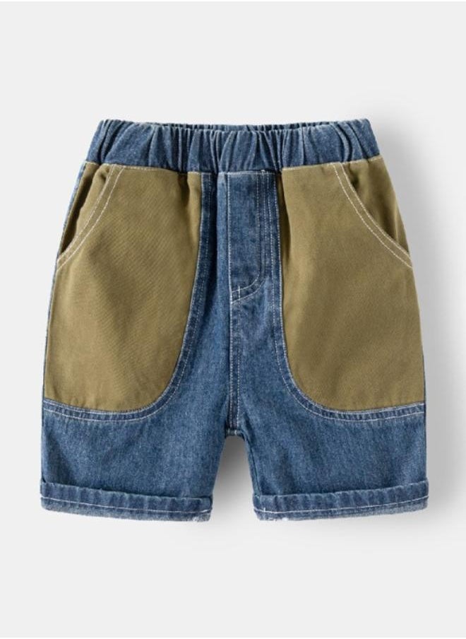 Blue Regular Fit Mid Rise Colour Blocked Denim Shorts