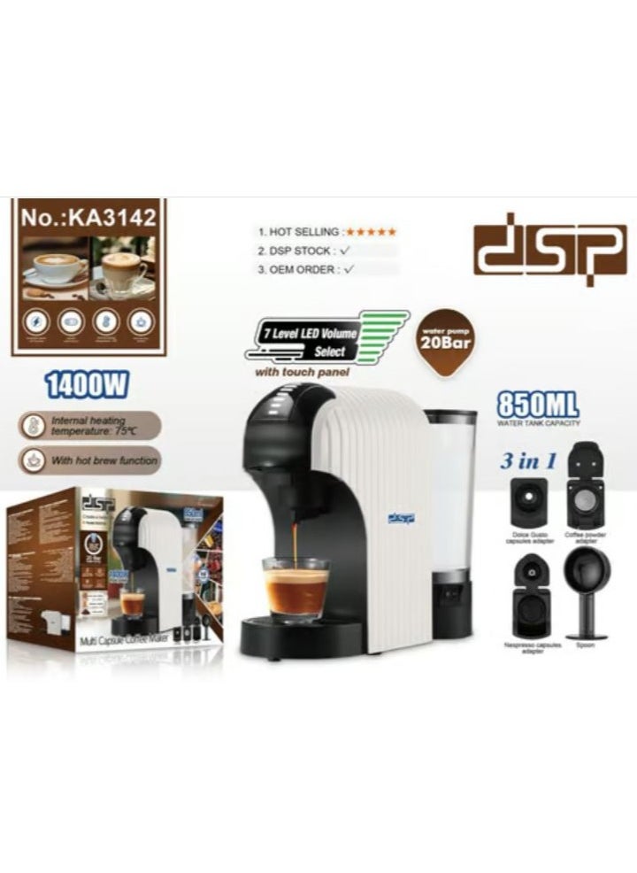 DSP Espresso Coffee Machine 1400W, 850ml, 20 Bar Pressure – KA3142 – 3-in-1 Multi Capsule Coffee Maker with Touch Panel