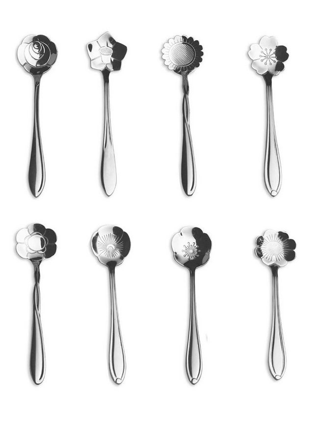 8pc Creative Floral Stainless Steel Spoons Teaspoons Coffee Scoops Tableware Tablespoons for Espresso Tea Coffee Dessert Ice Cream Sugar Appetizers Cake Bistro Tea Party 5 INCH