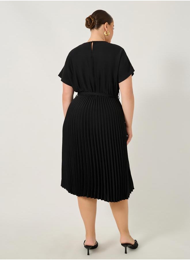 Plus Size A-Line Pleated Midi Dress with Waist Tie Detail