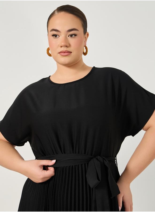 Plus Size A-Line Pleated Midi Dress with Waist Tie Detail