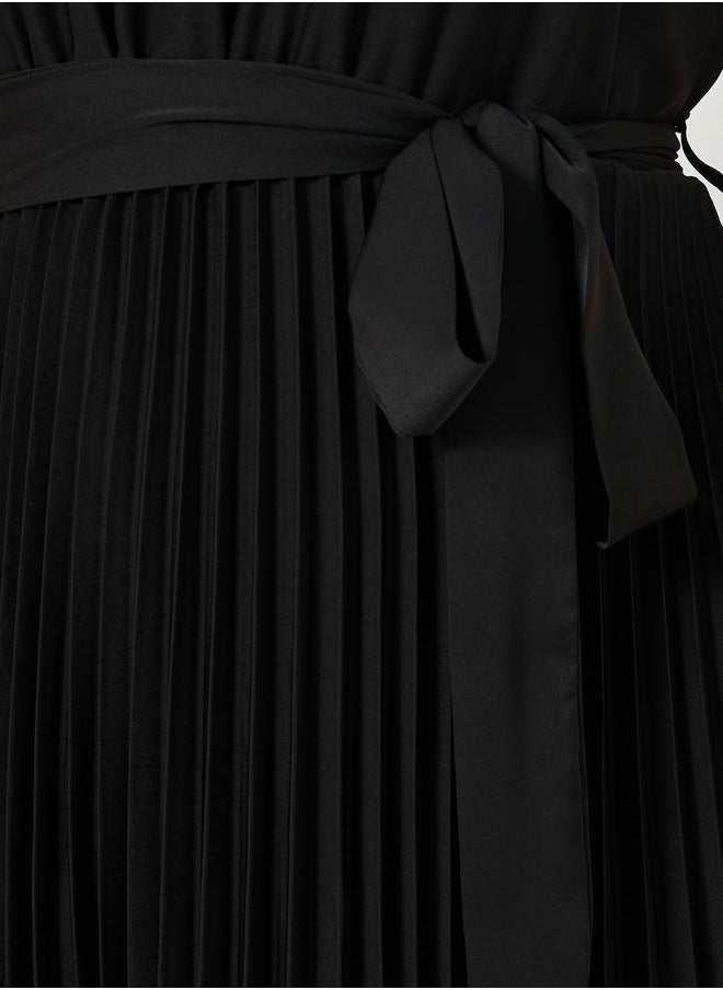 Plus Size A-Line Pleated Midi Dress with Waist Tie Detail