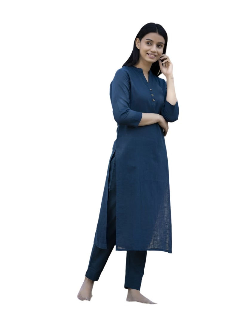 Navy Blue Solid Cotton Casual Kurta for Everyday Wear