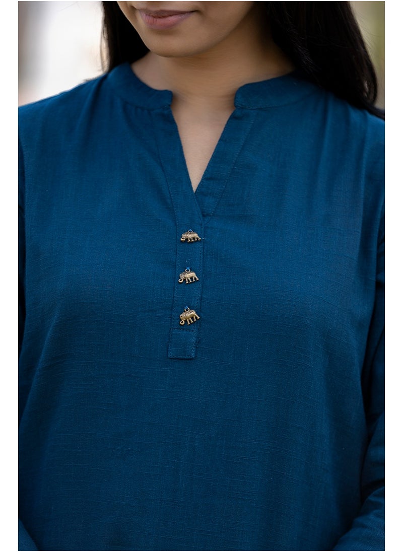 Navy Blue Solid Cotton Casual Kurta for Everyday Wear