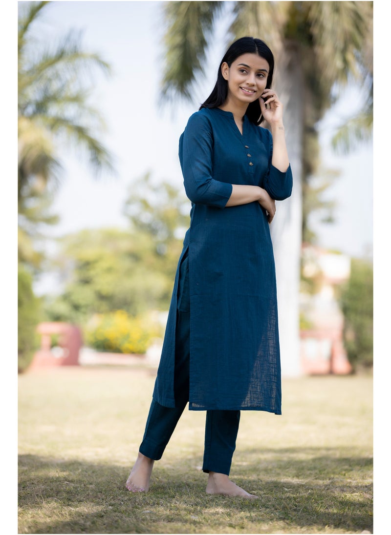 Navy Blue Solid Cotton Casual Kurta for Everyday Wear