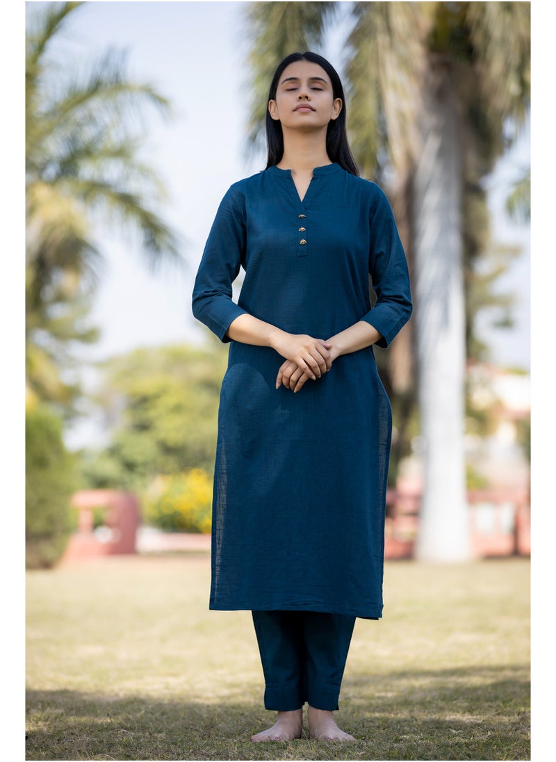 Navy Blue Solid Cotton Casual Kurta for Everyday Wear
