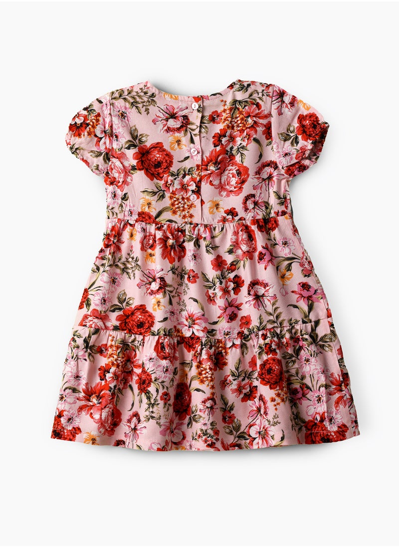 Girls Pink Floral Tiered Short Sleeve Dress