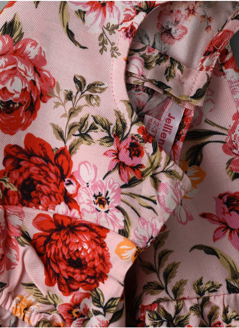 Girls Pink Floral Tiered Short Sleeve Dress