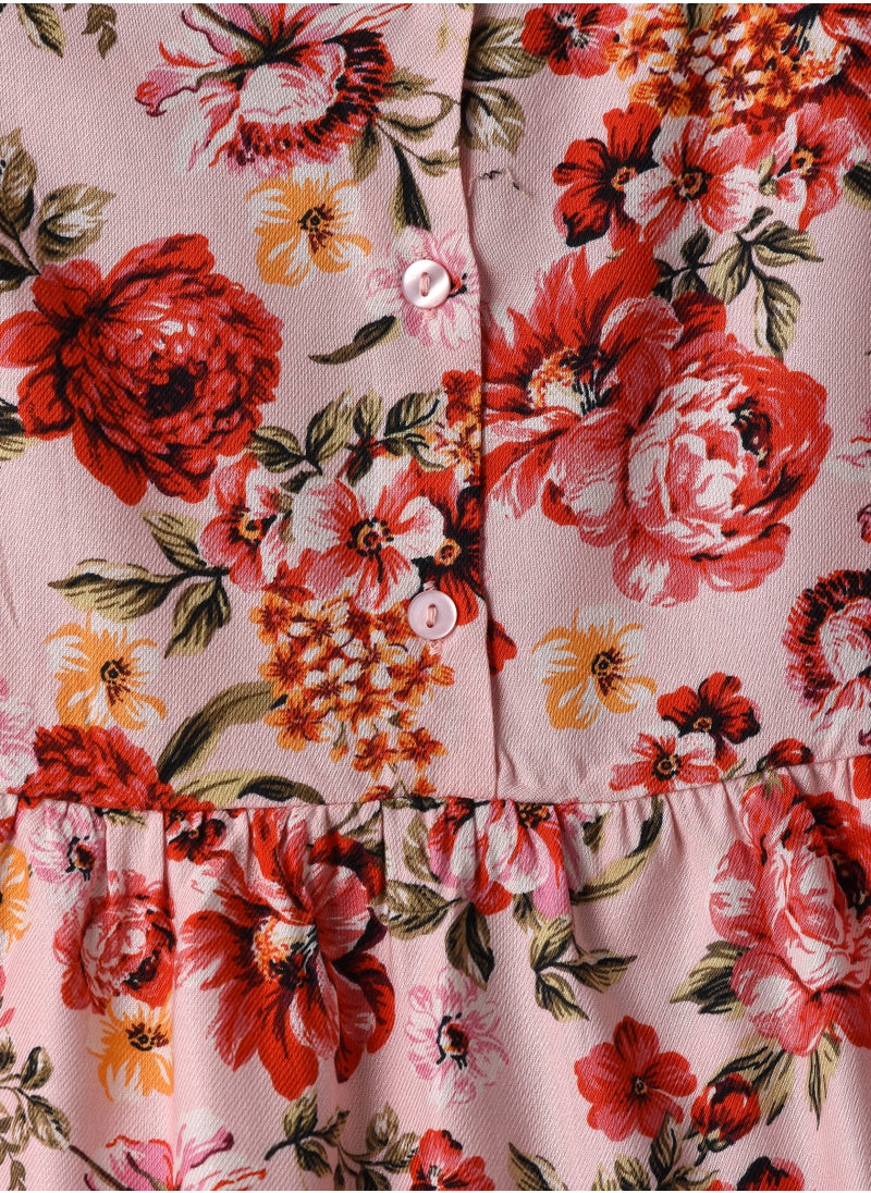 Girls Pink Floral Tiered Short Sleeve Dress