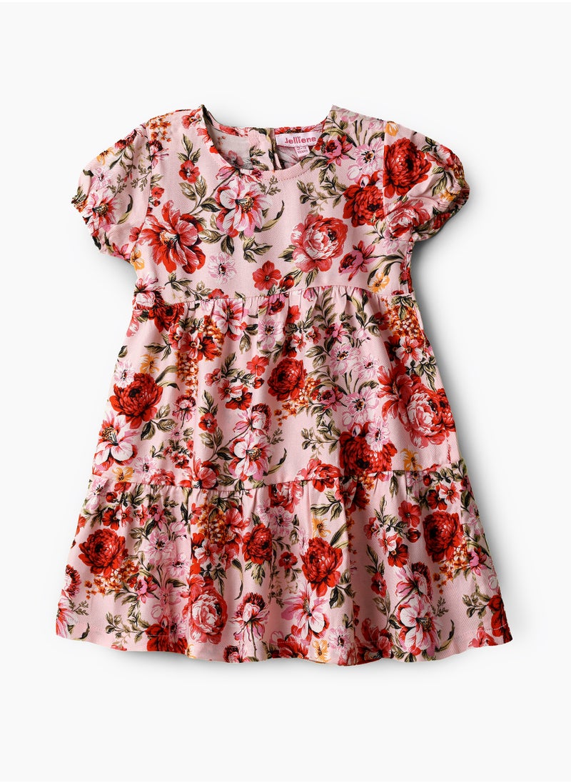 Girls Pink Floral Tiered Short Sleeve Dress