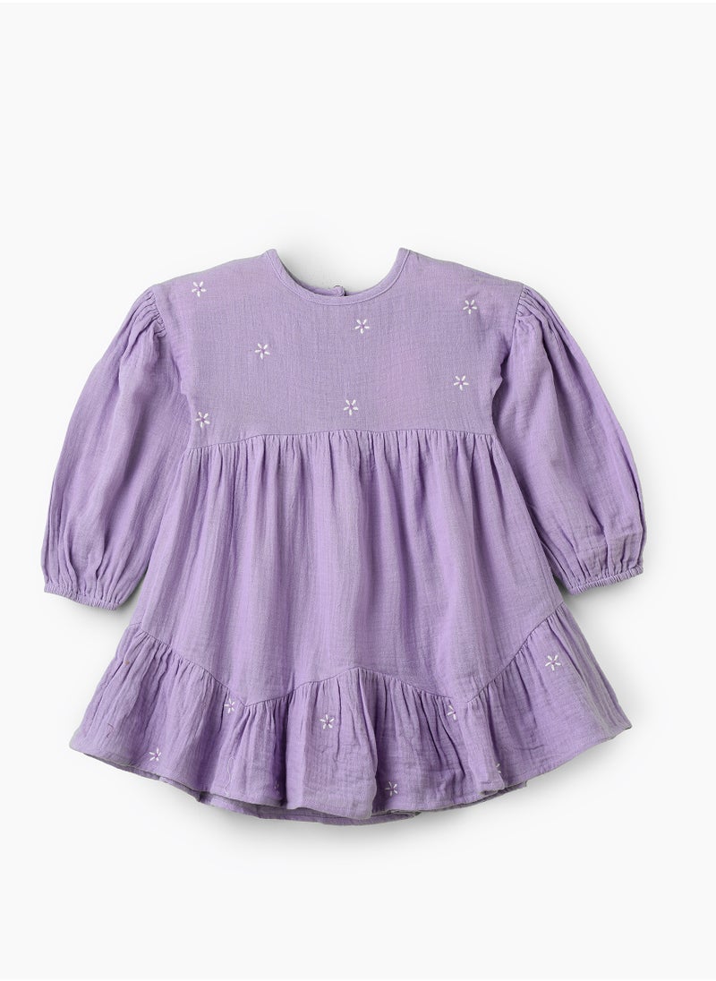 Girls Lilac Embroidered Long Sleeve Dress