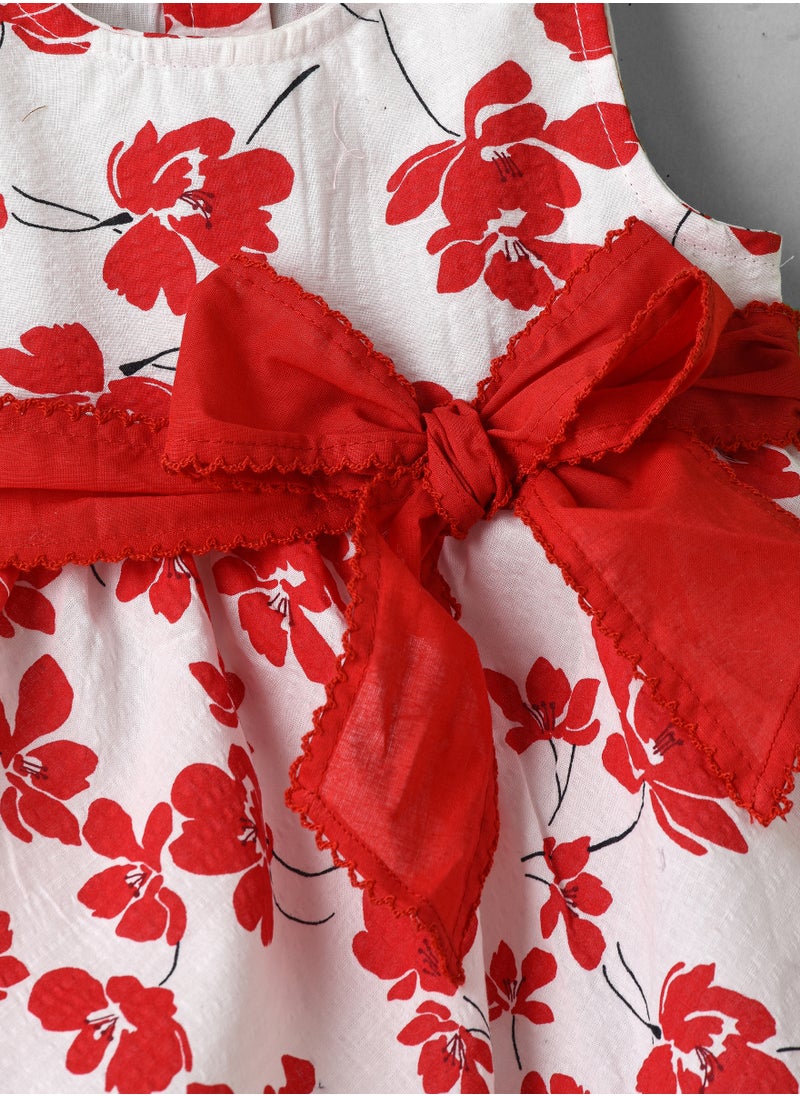 Girls Red Floral Sleeveless Bubble Dress