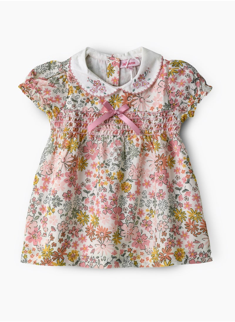 Girls Floral Puff Sleeve Dress with Collar
