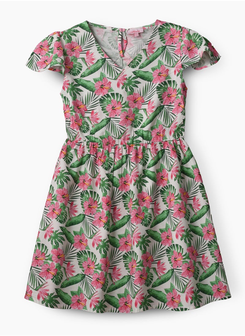Girls Woven Viscose Tropical Floral Dress