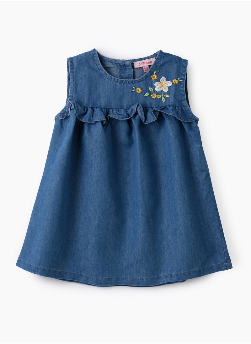 Girls Blue Embroidered Sleeveless Denim Dress