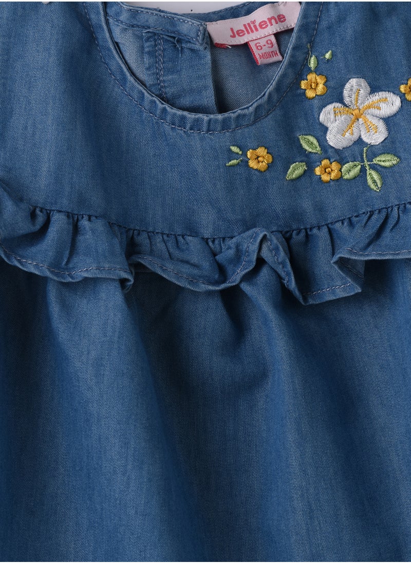 Girls Blue Embroidered Sleeveless Denim Dress