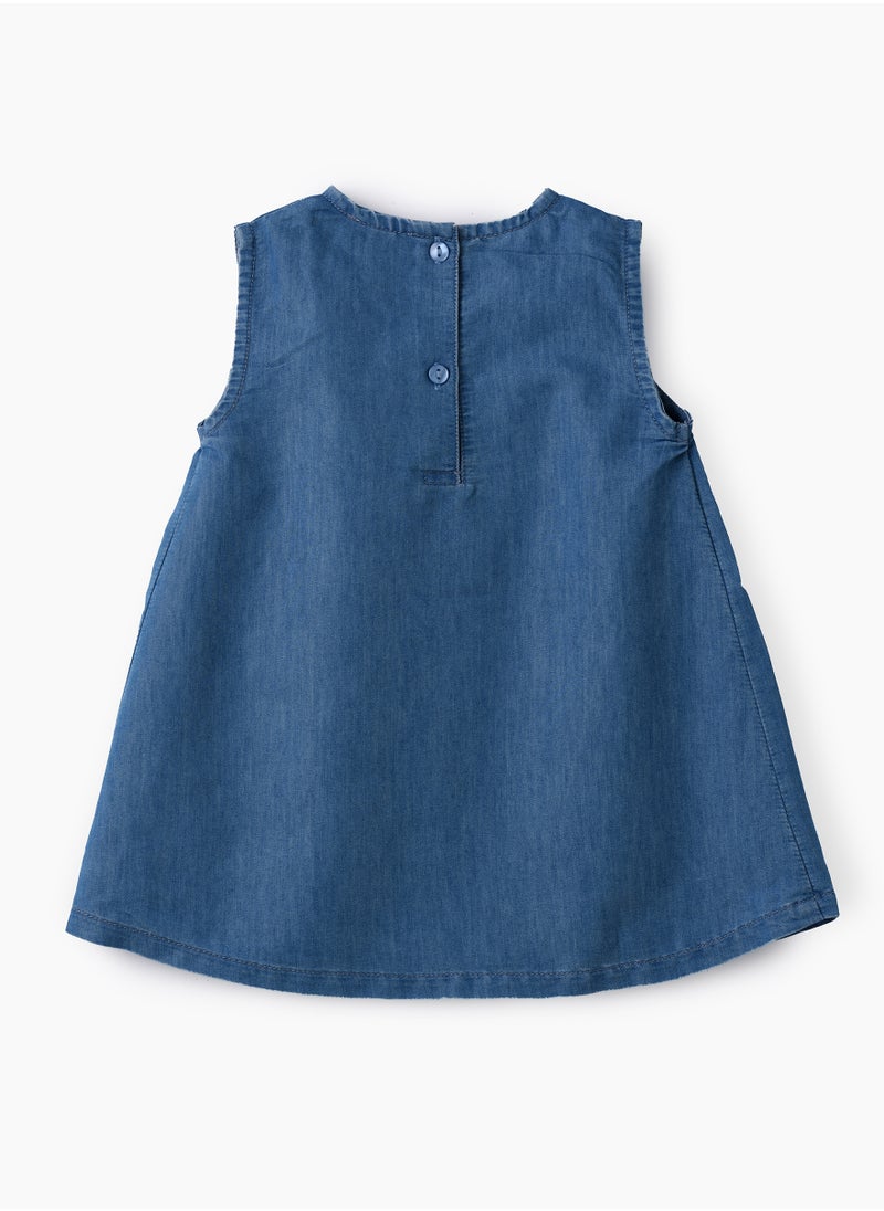 Girls Blue Embroidered Sleeveless Denim Dress